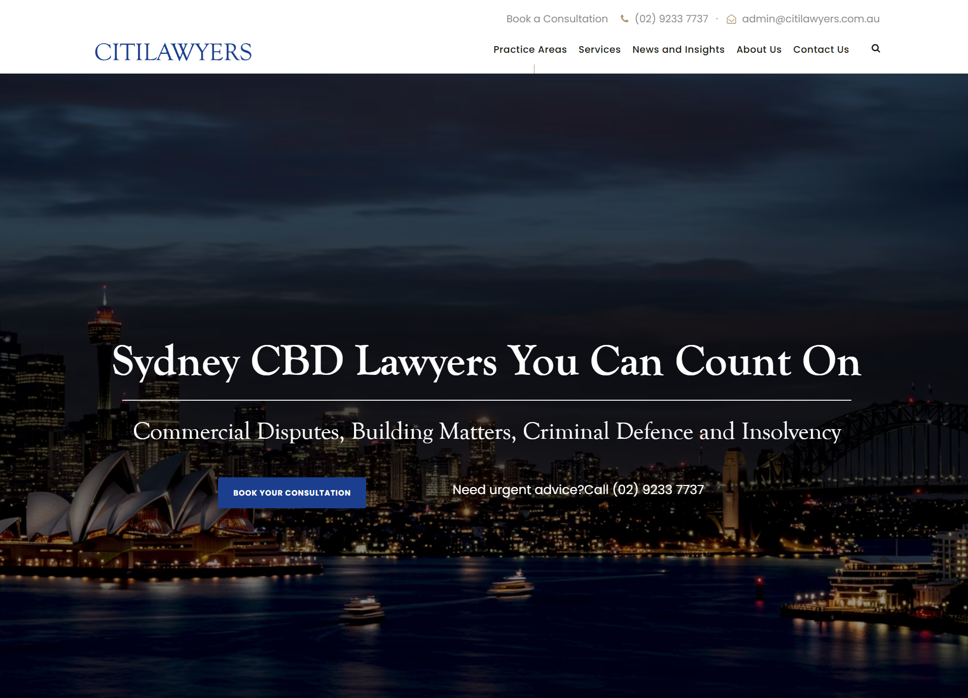 Citilawyers home page on desktop, showing the firm name and enquiry button