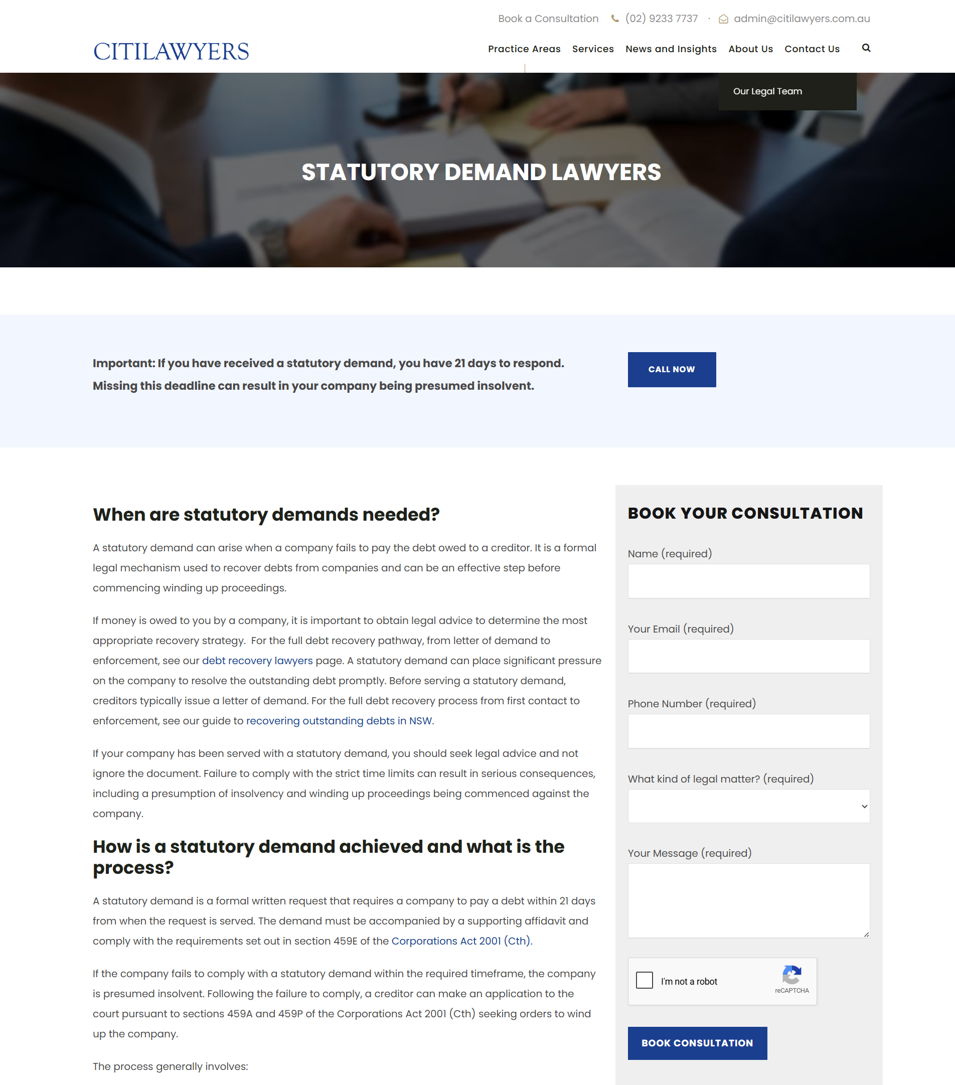Citilawyers statutory demand page
