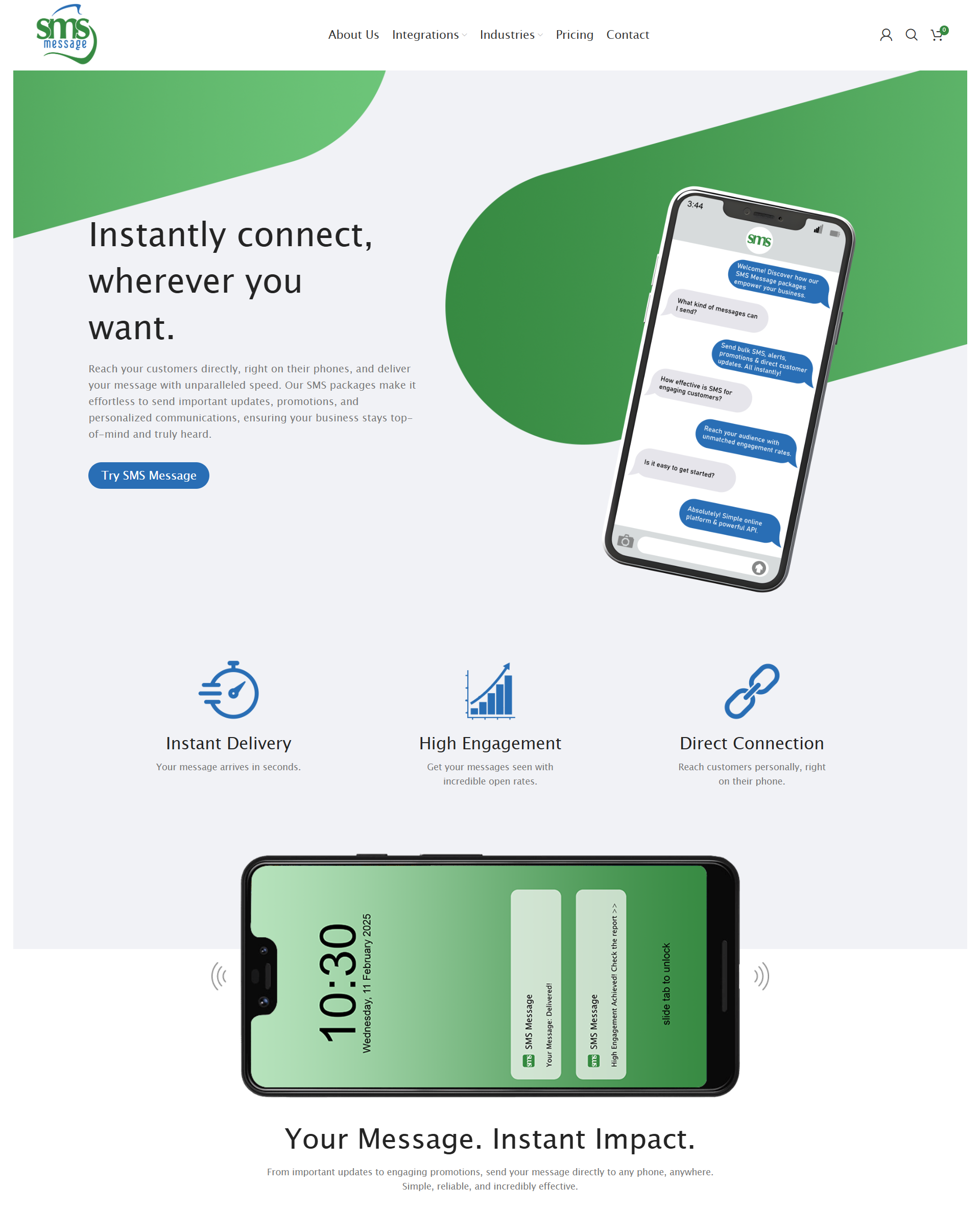 SMS Message home page on desktop, showing the product headline and sign-up