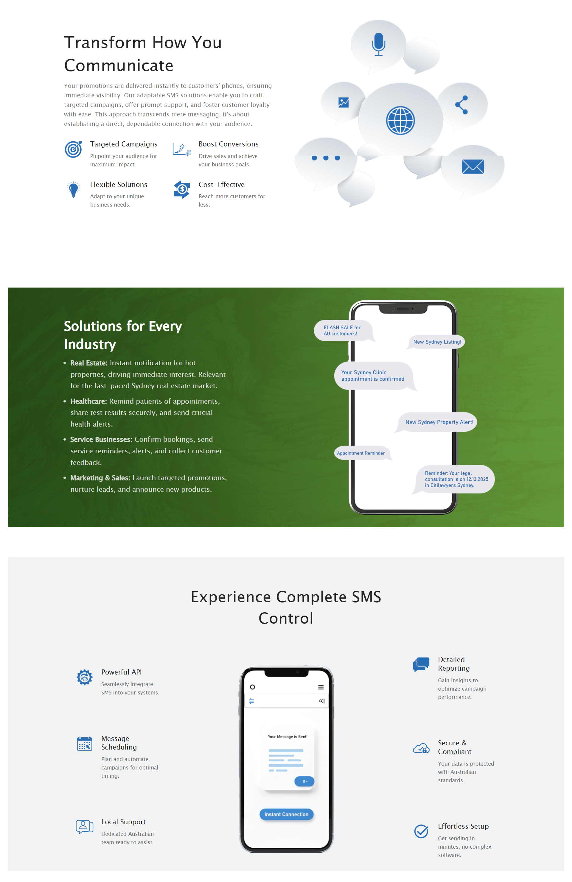 SMS Message feature sections